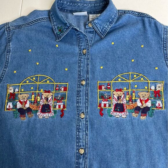 Bobbie Brooks Christmas Holiday Embroidered Denim Button Front Shirt Women Large - Picture 5 of 12